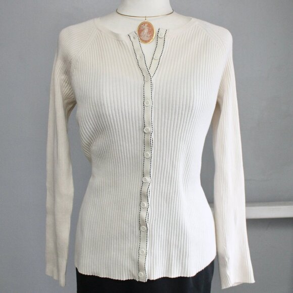 Jones New York VTG Y2K Cream Cotton Ribbed Button Cardigan Sweater Size Large - Picture 1 of 9